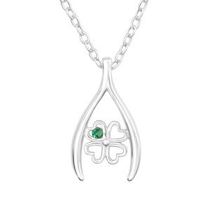 Sterling Silver Clover Wishbone Necklace with Emerald CZ